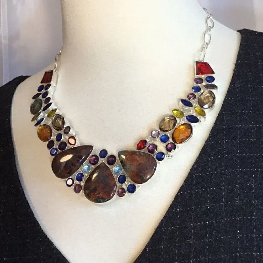 NATURAL MOSS AGATE & GEMSTONE NECKLACE IN SILVER